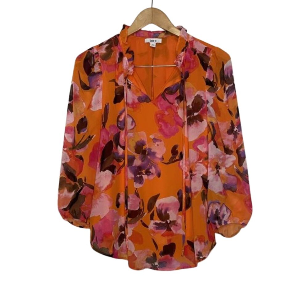Bar III Vibrant Orange Floral Boho Tie Neck Peasant Blouse Size Medium - Picture 2 of 13
